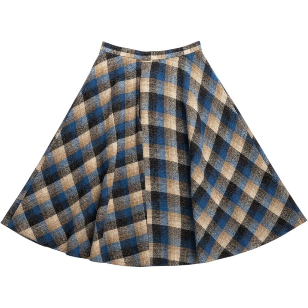 Vintage 1970s Plaid Wool A-Line Midi Skirt